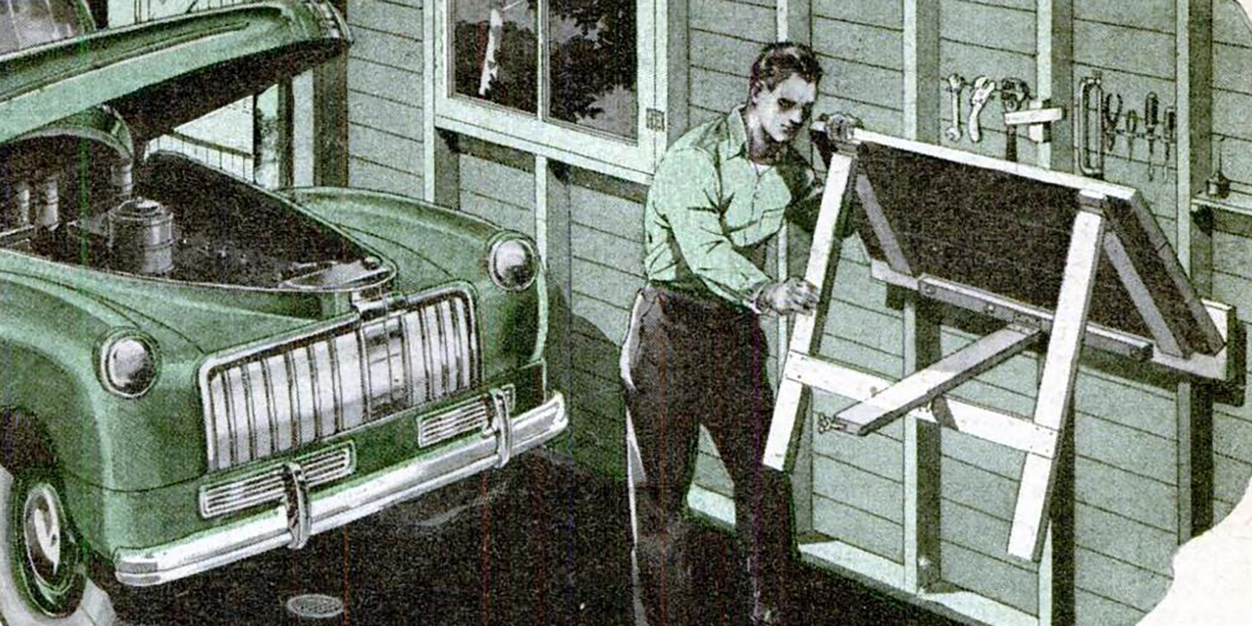 Classic illustration of handyman in his garage