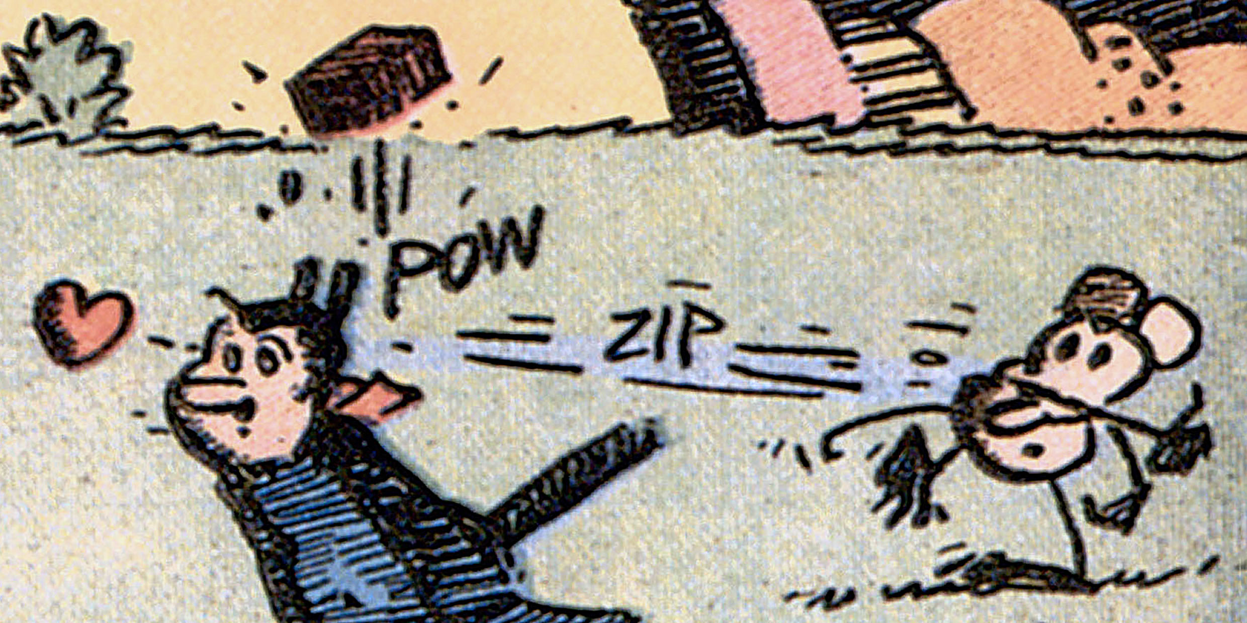 Detail from comic strip image depicting Ignatz Mouse throwing a brick at Krazy Kat