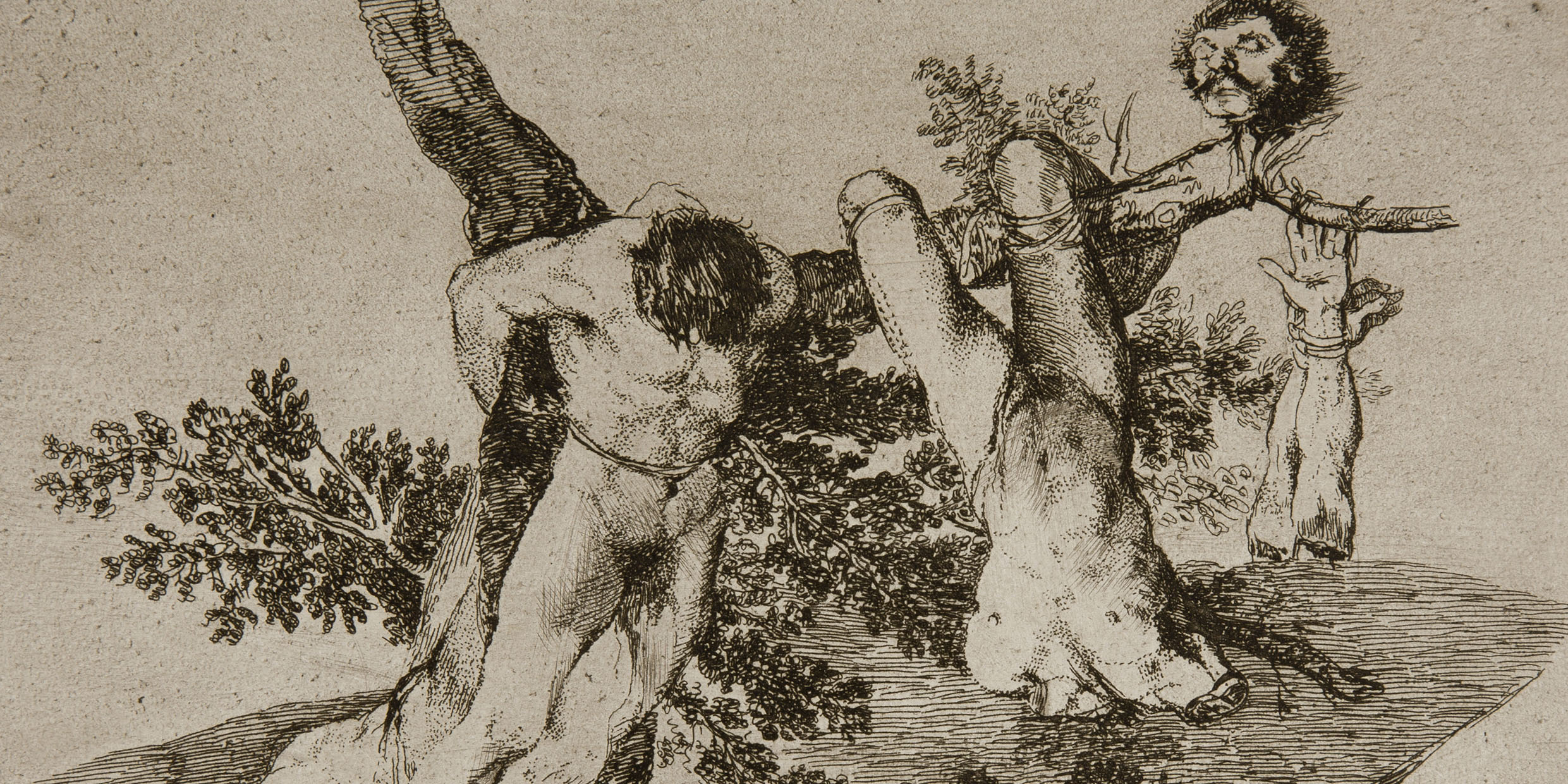 Etching of severed bodies hanging from tree