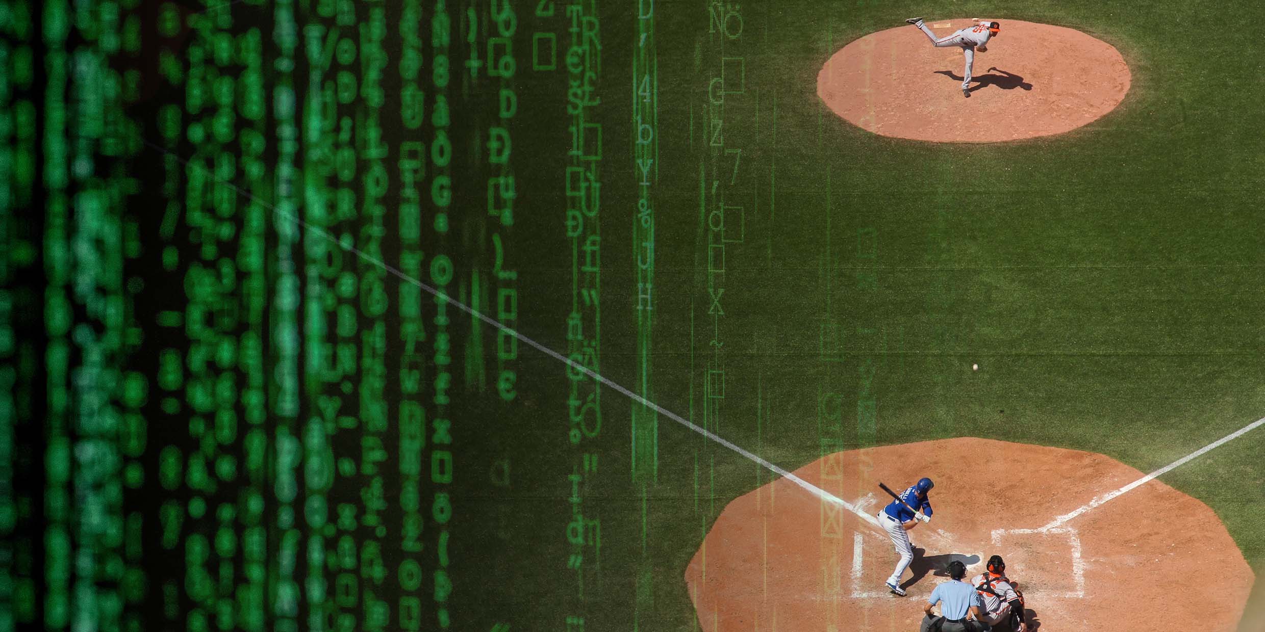 Image of baseball game with computer code superimposed
