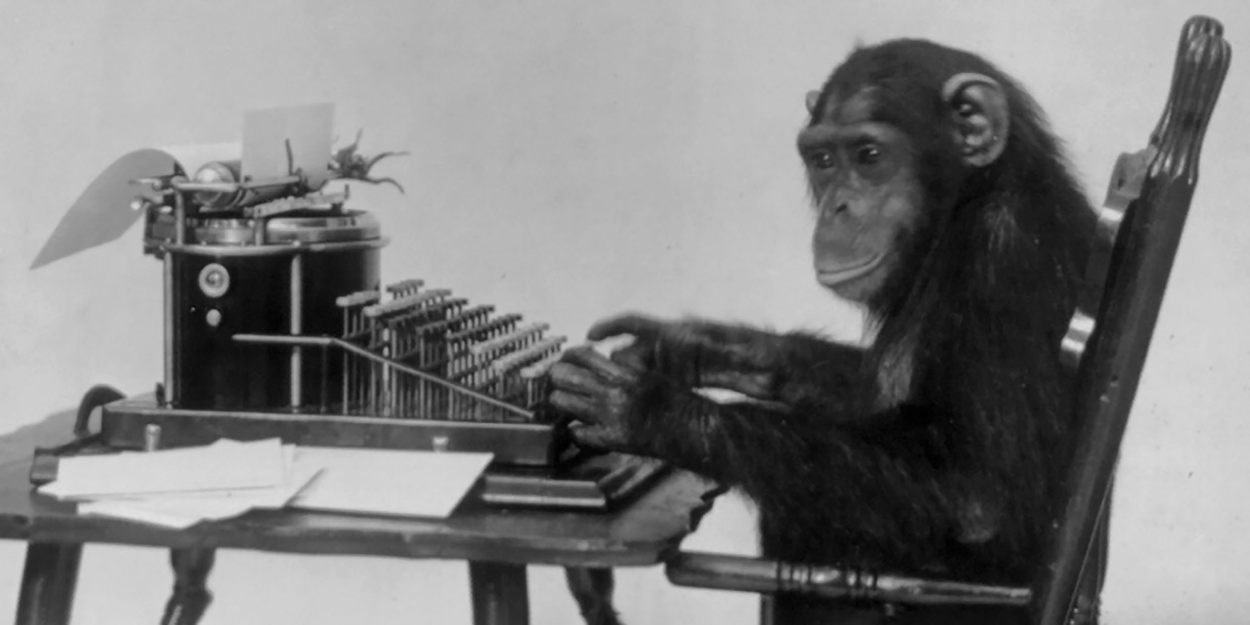 Image of a chimpanzee seated at a typewriter