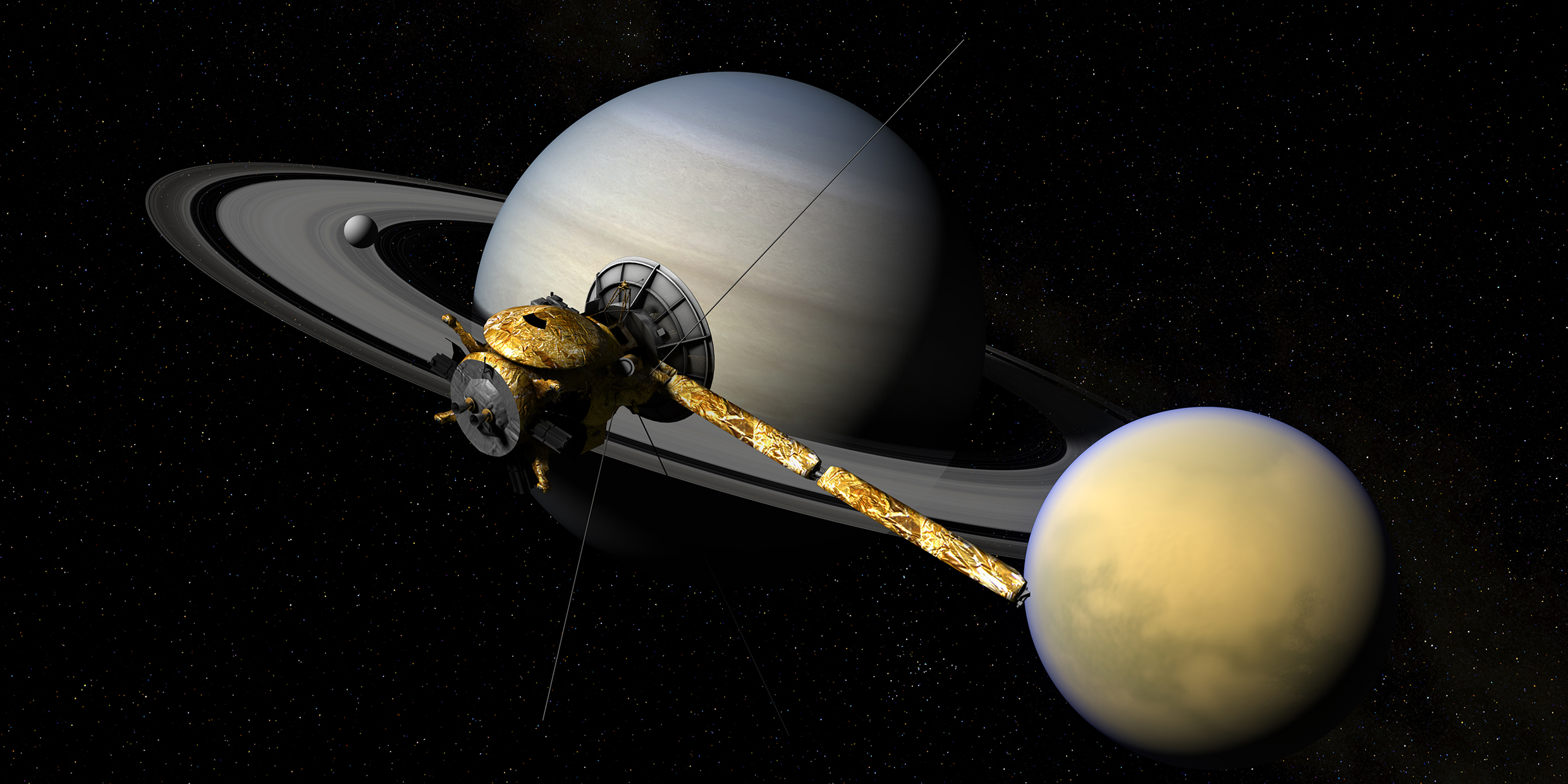 Computer-generated image of the Cassini spacecraft orbiting Saturn