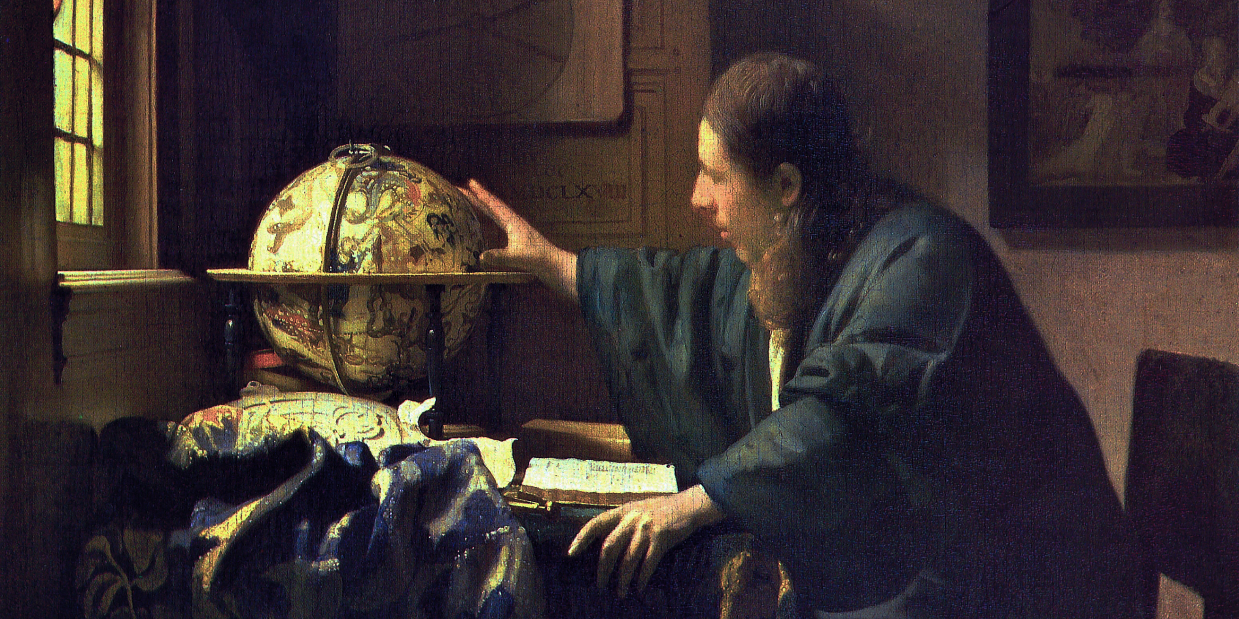 Painting of a scientist reaching for an astronomical globe on his desk