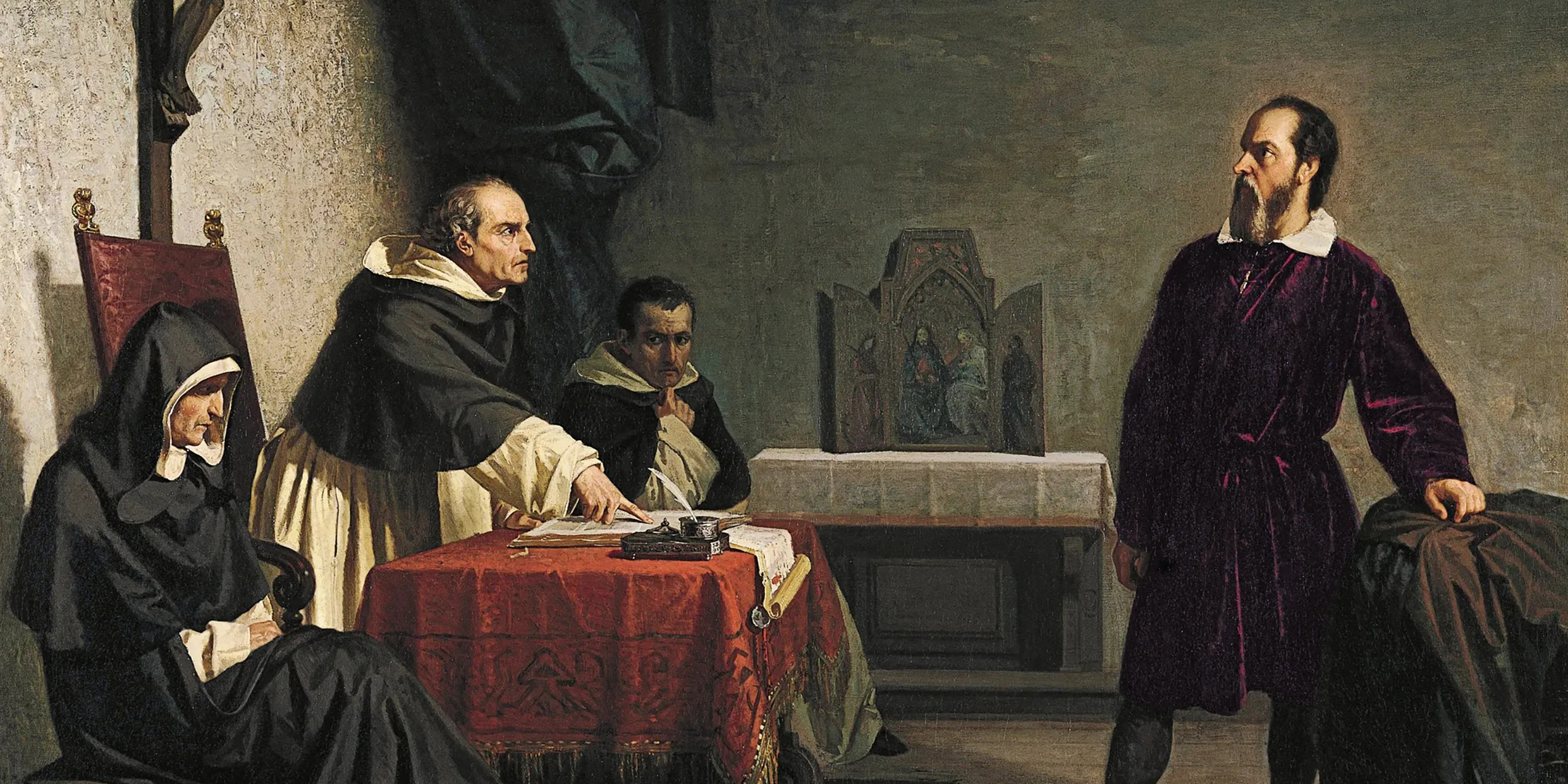 Painting of Galileo facing a trio of church officials