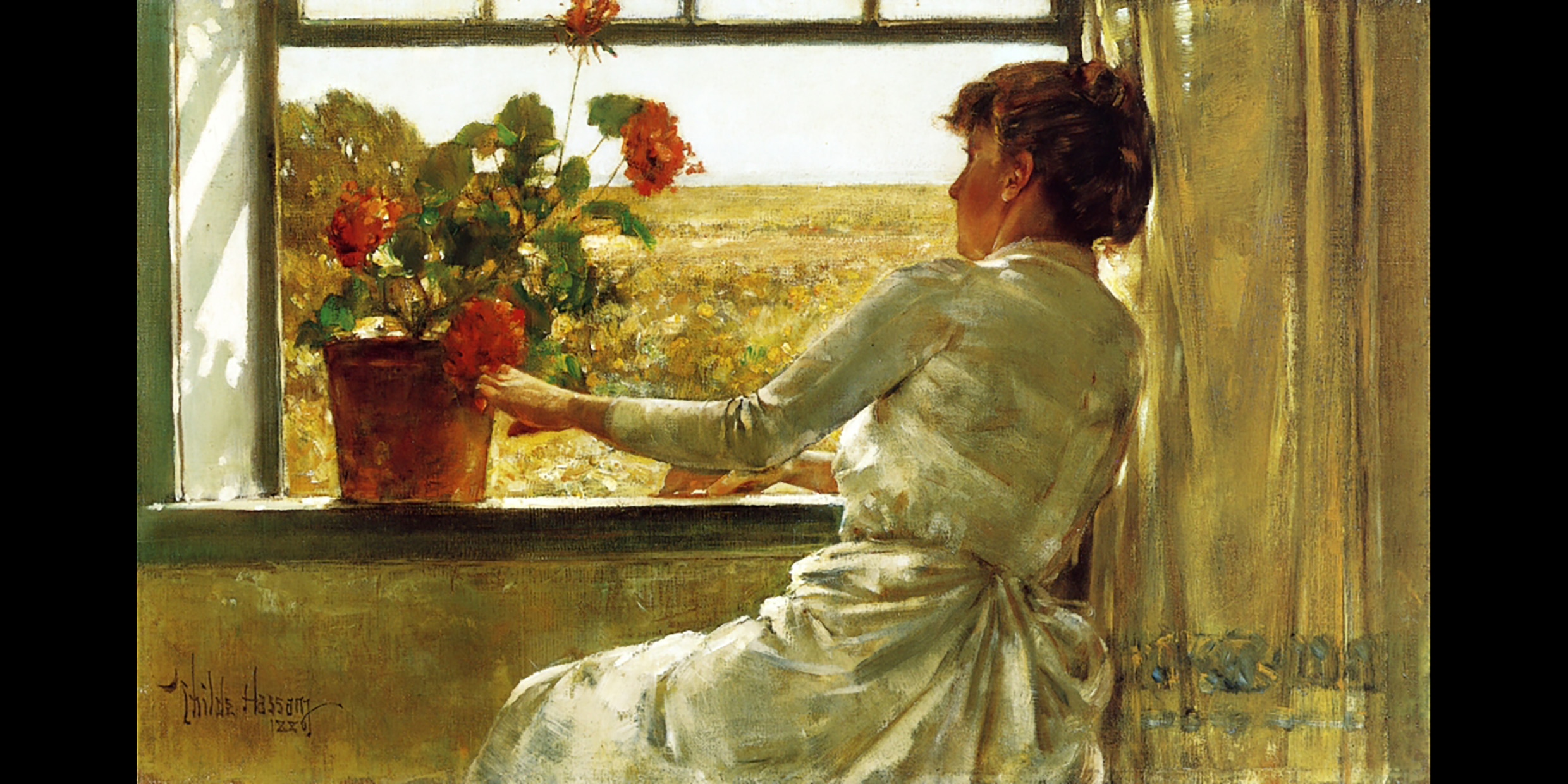 Painting of a seated woman looking out a window at a golden yellow landscape